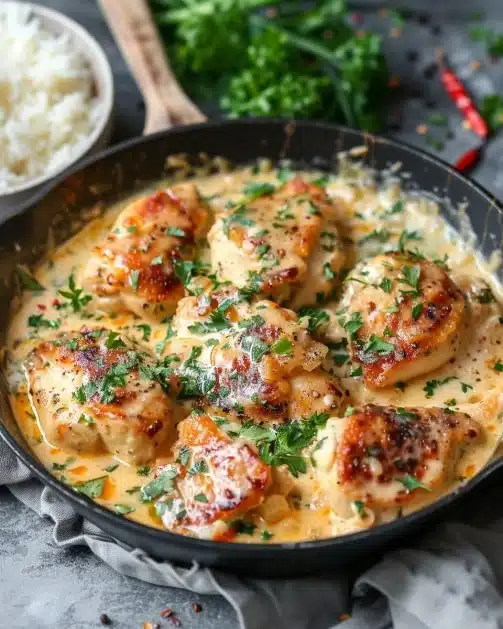 Creamy garlic chicken served on a plate with herbs and spices.