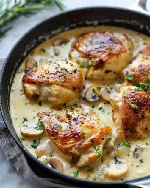 Delicious creamy garlic chicken served with herbs and spices on a plate