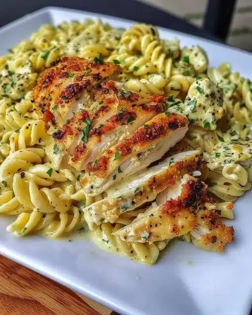 Delicious creamy garlic parmesan chicken pasta served with herbs and cheese