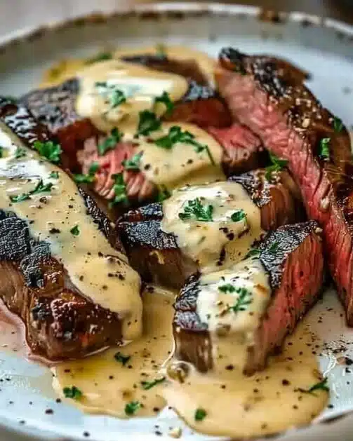 Creamy garlic steak served on a plate with herbs and side vegetables.
