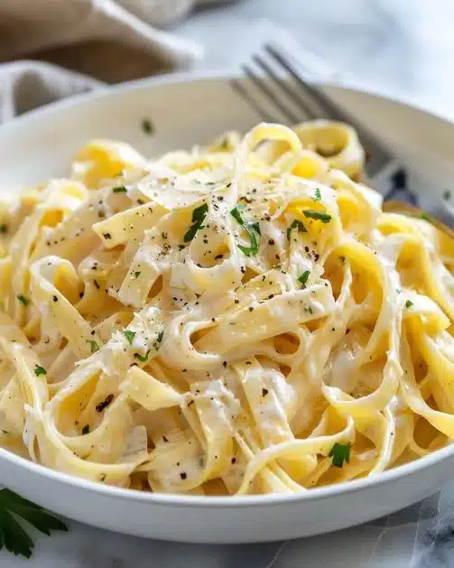 Creamy garlic tagliatelle pasta garnished with parsley