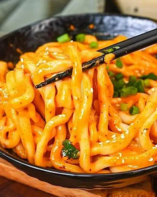 Creamy Gochujang Udon noodles garnished with green onions and sesame seeds.
