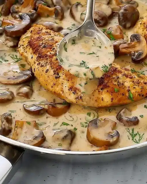 Creamy mushroom chicken dish with herbs and spices on a plate
