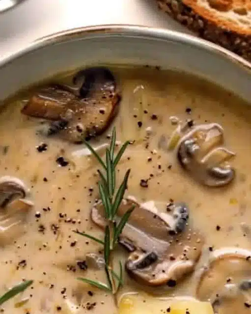 Bowl of creamy mushroom soup topped with fresh herbs and ingredients