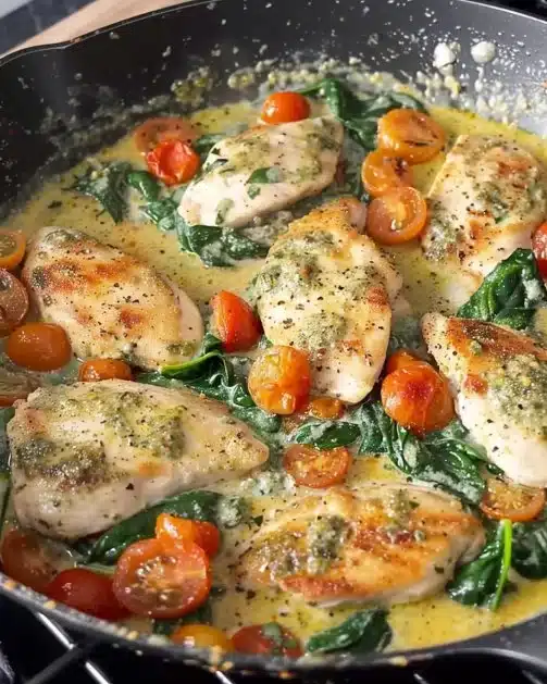 Delicious creamy pesto chicken served with herbs and pasta
