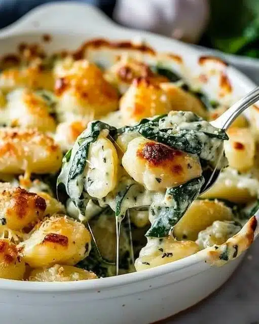 Creamy pesto gnocchi with artichokes and spinach served in a bowl