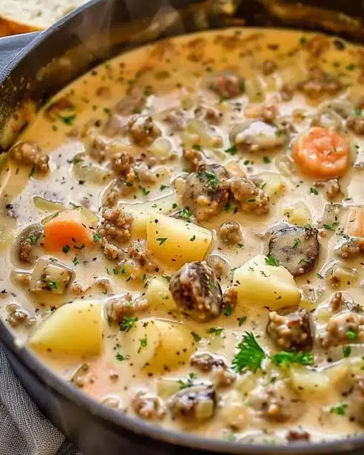 Creamy potato sausage chowder in a bowl, garnished with herbs.