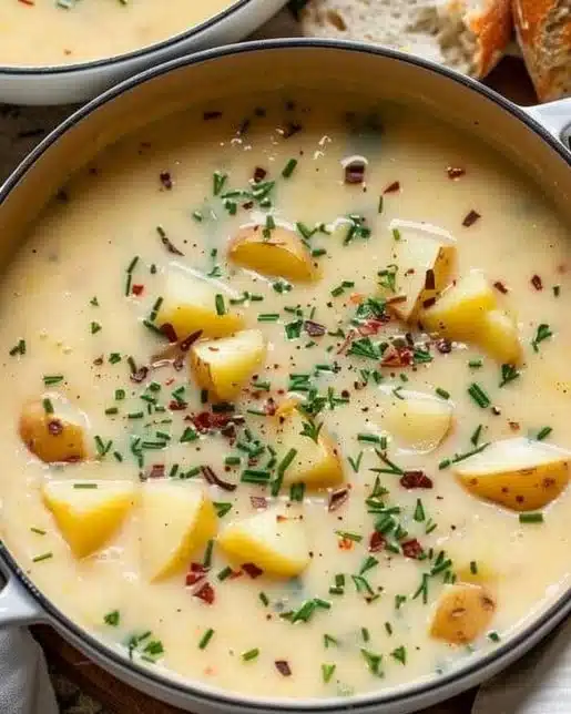 Bowl of creamy potato soup garnished with herbs and served with crusty bread