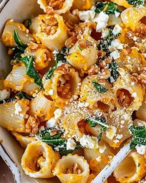 Creamy pumpkin feta pasta dish served in a bowl with herbs and cheese.