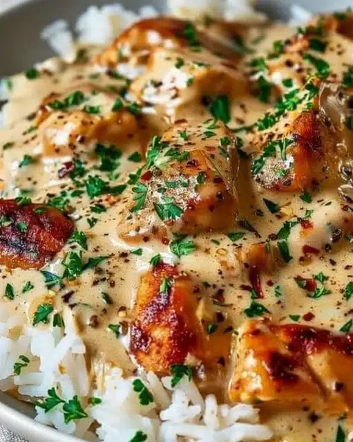 Creamy smothered chicken served over rice with vegetables