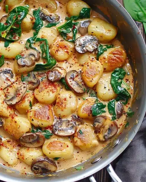 Creamy spinach mushroom gnocchi topped with garlic and smoked paprika cream sauce