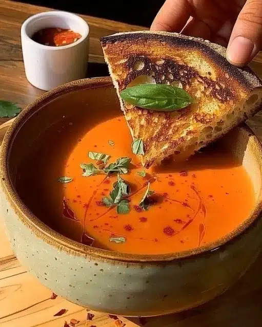 Bowl of creamy tomato soup garnished with fresh basil leaves and croutons.
