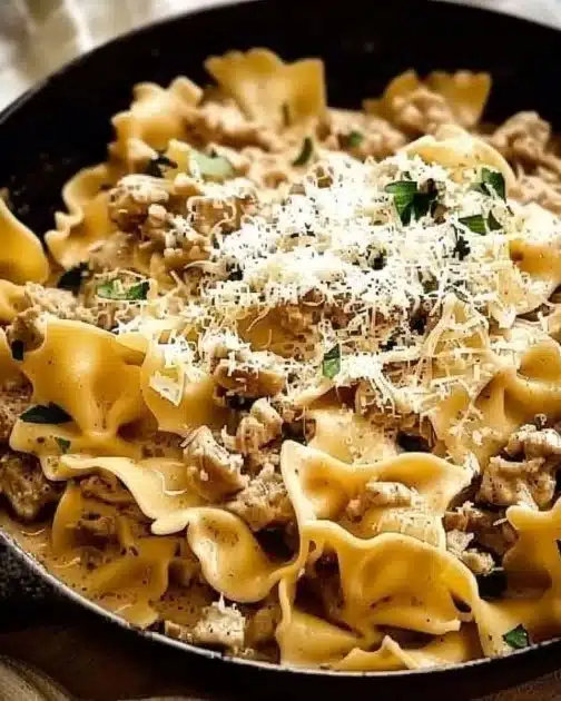 Creamy Turkey Stroganoff with noodles and mushrooms served in a bowl
