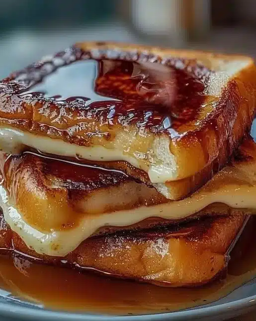 Delicious Crème Brûlée French Toast topped with caramelized sugar.