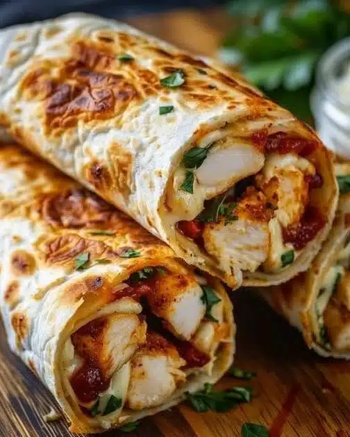 Crispy air fryer chicken wrapped with mozzarella in a tortilla