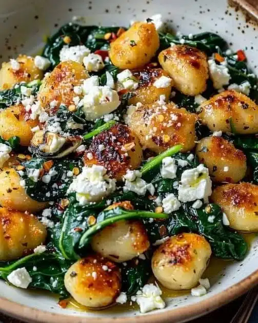 Plate of crispy gnocchi with spinach and feta, garnished and ready to serve.