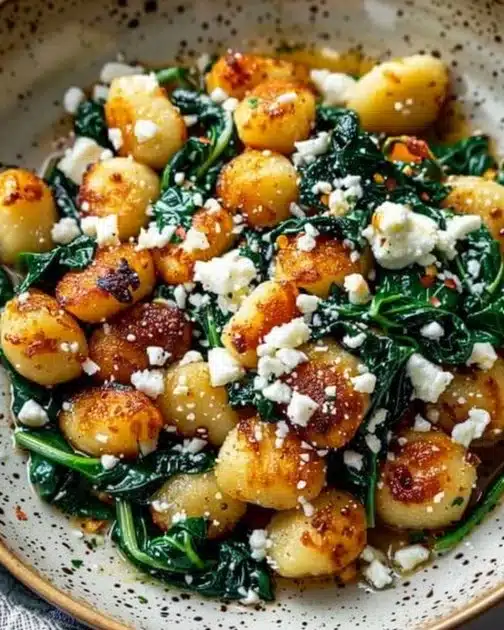 Crispy gnocchi served with sautéed spinach and crumbled feta cheese