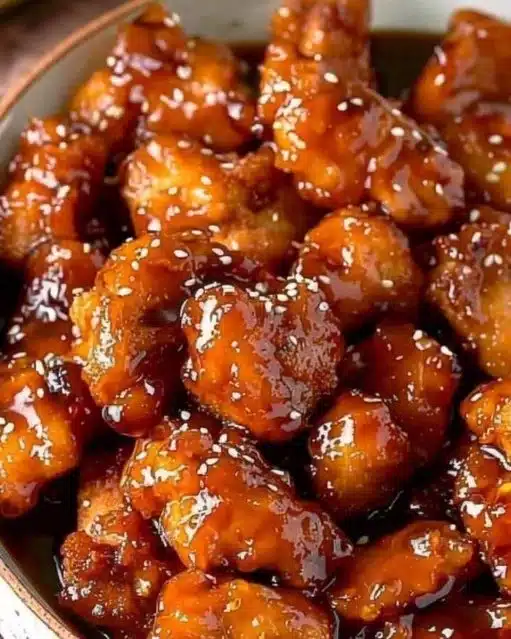 Crispy sesame chicken served with sesame seeds and green onions