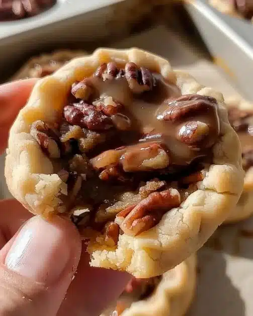 Delicious Crumbl Pecan Pie Cookies with pecans and caramel drizzle