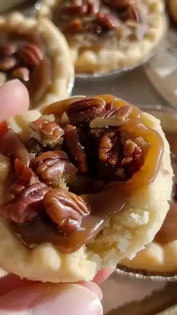 Crumbl pecan pie cookies topped with pecans and caramel drizzle.