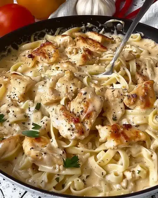 Dairy-free chicken alfredo served in a bowl with fresh herbs and pasta.