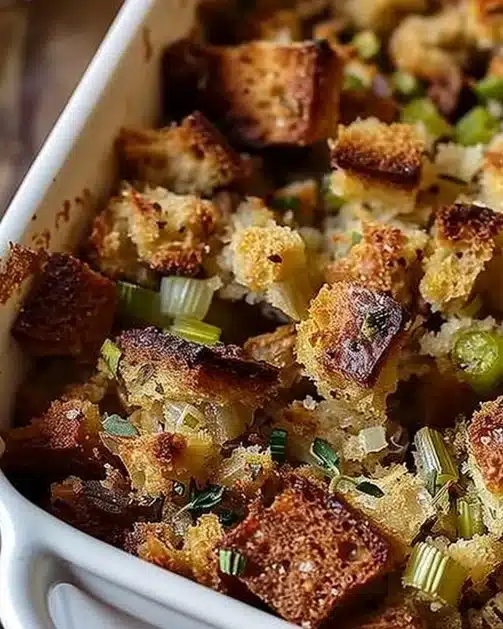 Bowl of Grandma's Thanksgiving stuffing with herbs and spices