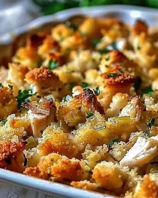 Delicious chicken casserole with stuffing, perfect for family meals.