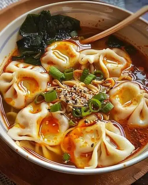 Delicious Dumpling Ramen Bowl garnished with green onions and chili flakes