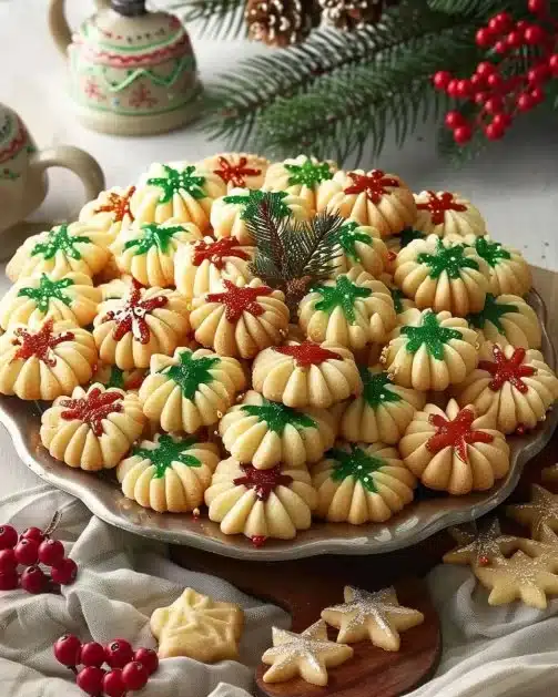 Tray of easy Christmas Spritz cookies decorated for the holiday season