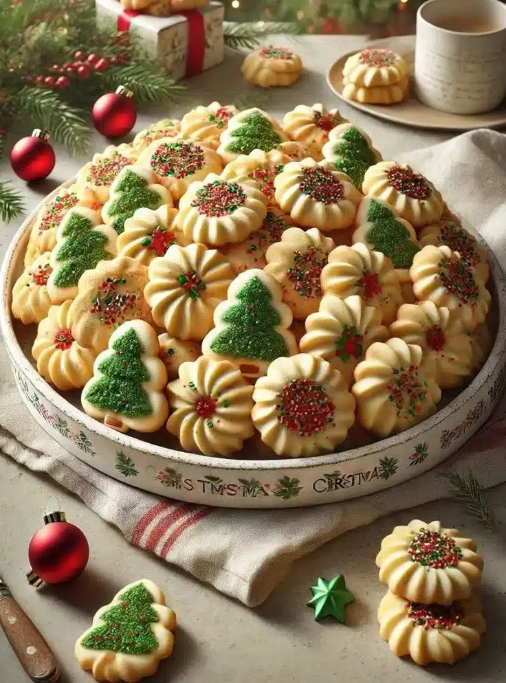 Plate of colorful Easy Christmas Spritz Cookies decorated for the holidays