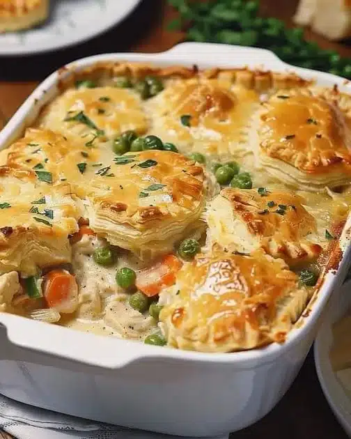 Easy homemade chicken pot pie casserole served in a dish with a flaky crust.