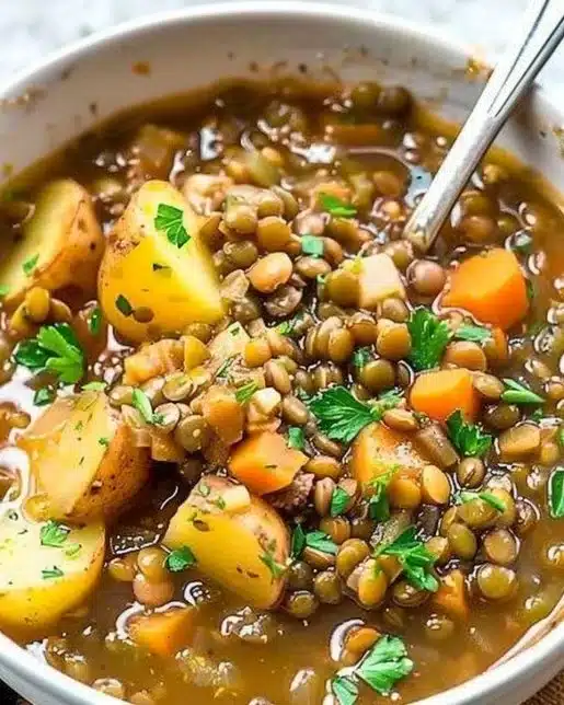 Bowl of easy lentil potato soup with fresh herbs and vegetables