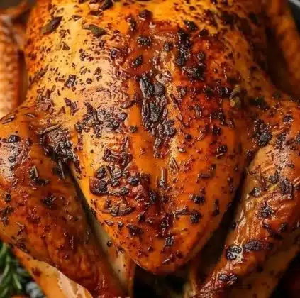 Perfectly cooked easy roast turkey on a platter for holiday dinner