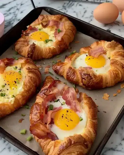 Egg and bacon croissant boats baked to perfection, ideal for breakfast.
