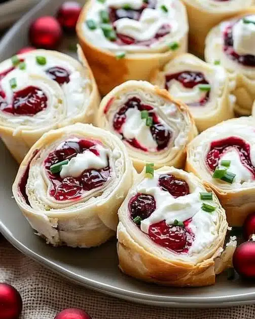 Festive Christmas Cranberry Roll Ups dessert on a decorated holiday table.