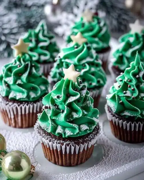 Colorful festive Christmas tree cupcakes topped with icing and decorations.