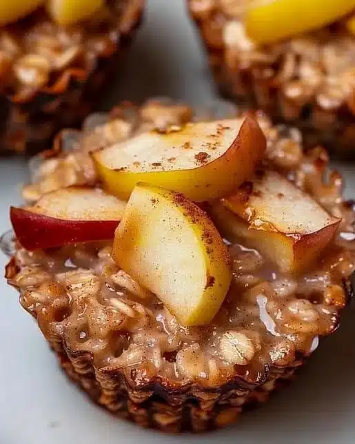Fluffy baked apple cinnamon oatmeal cups on a wooden table