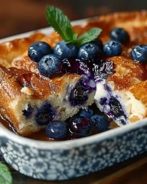 Fluffy blueberry pancake casserole topped with fresh blueberries and syrup