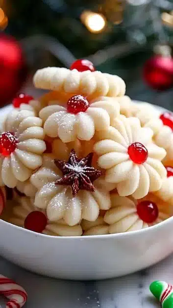Fluffy Christmas cookies decorated with icing and sprinkles