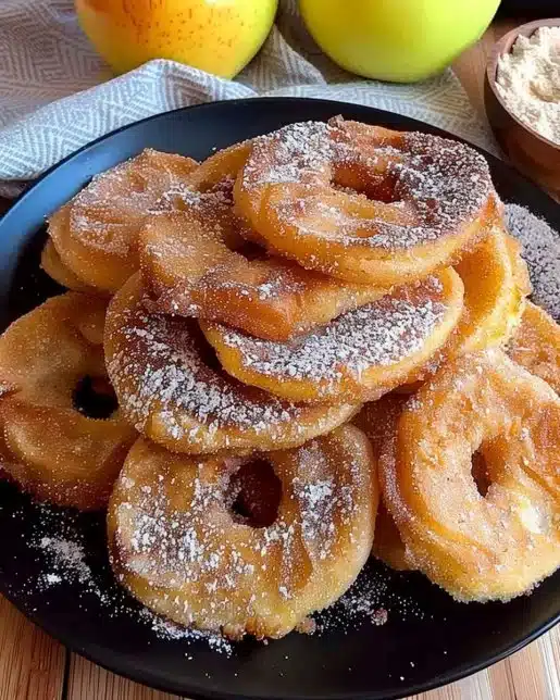 Deliciously fried apple fritters dusted with powdered sugar