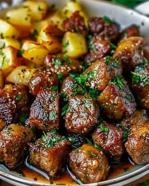 Delicious garlic butter beef bites served on a platter.