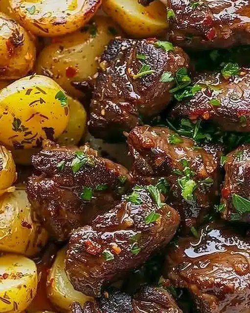 Delicious Garlic Butter Steak Bites served with crispy golden potatoes.