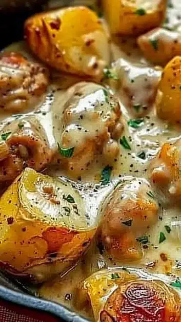 Delicious Garlic Parmesan Crockpot Chicken and Potatoes in a serving dish