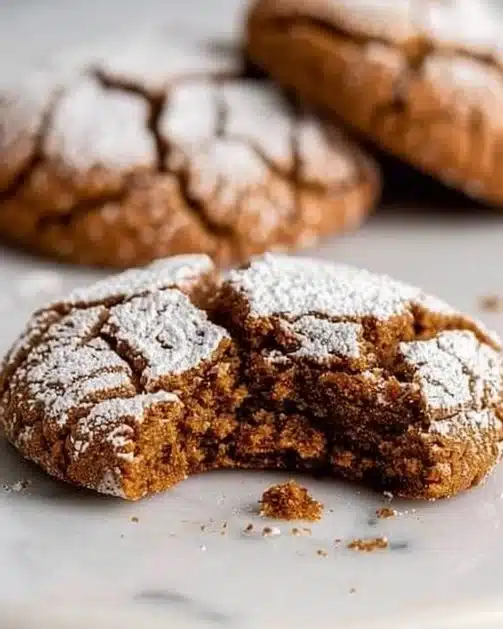 Plate of freshly baked gingerbread crinkle cookies decorated with powdered sugar