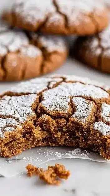 Delicious gingerbread crinkle cookies with powdered sugar on top, perfect for holidays.