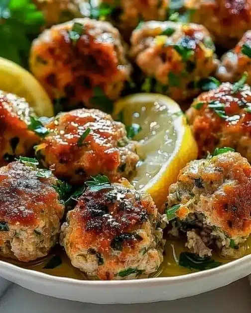 Plate of Greek Turkey Meatballs with fresh herbs and lemon wedges