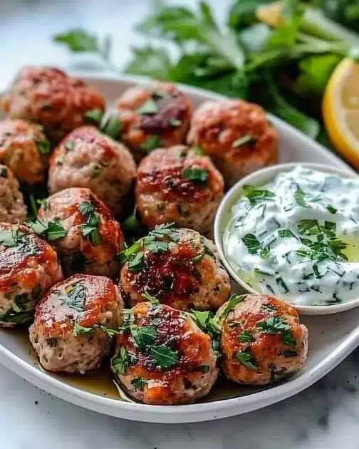 Greek Turkey Meatballs served with tzatziki sauce for a tasty meal.