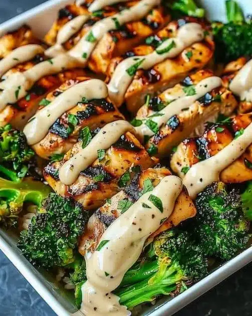 Grilled Chicken and Broccoli Bowls with Creamy Garlic Sauce