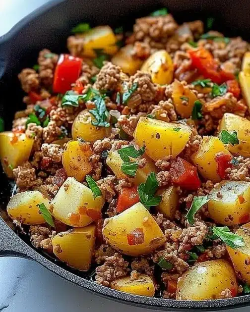 Ground Turkey and Potato Skillet served in a skillet, garnished with herbs.