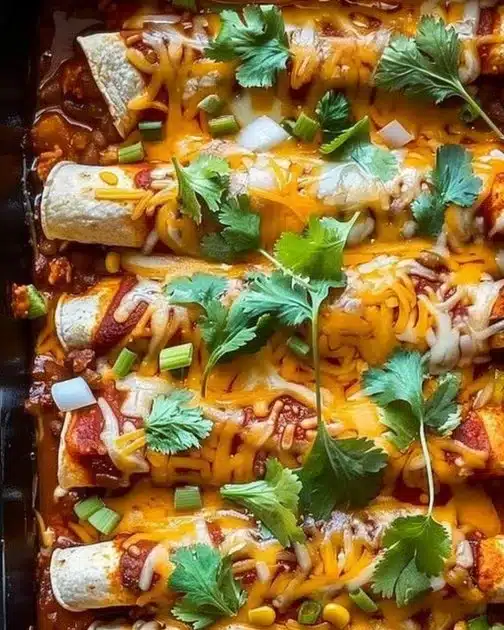 Ground Turkey Black Bean Enchiladas topped with cheese and cilantro
